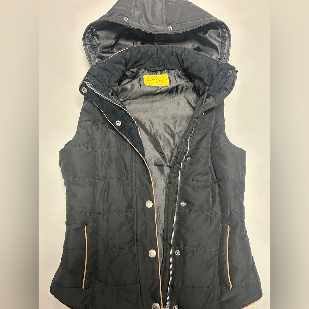 Prince & Fox Womens Quilted Hooded Vest Small Black Sleeveless Puffer